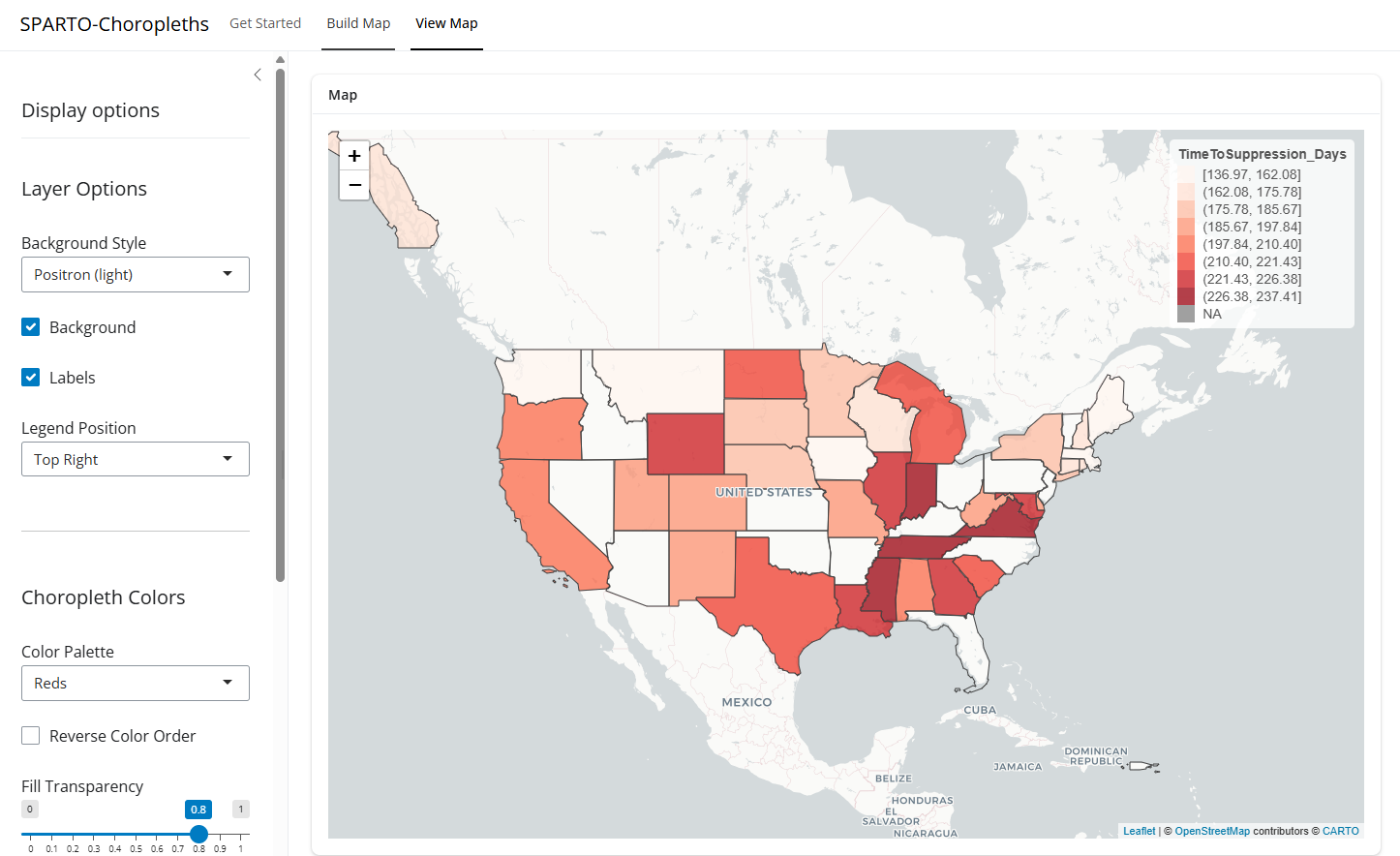 Screenshot of the SPatial Analysis Rendering Tool for Outcomes-based research (SPARTO) shiny app