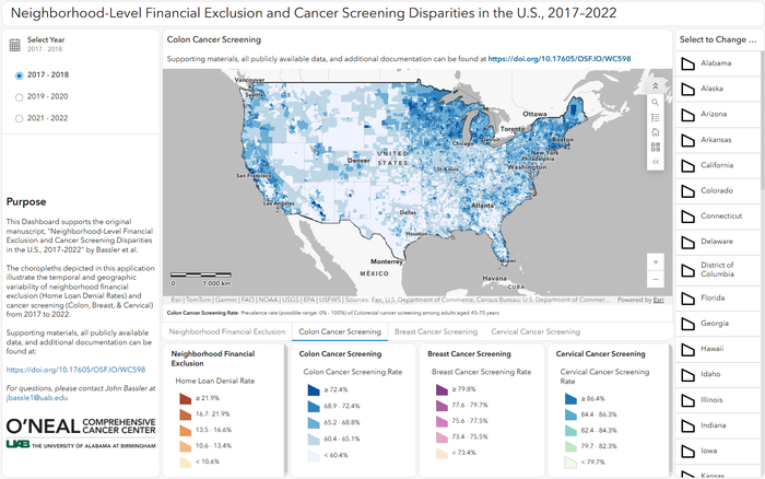 Screenshot of the Neighborhood-Level Financial Exclusion and Cancer Screening Disparities in the U.S., 2017–2022 shiny app