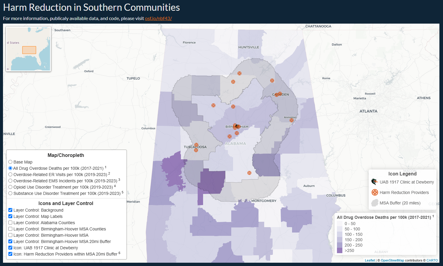 Screenshot of the Harm Reduction in Southern Communities shiny app
