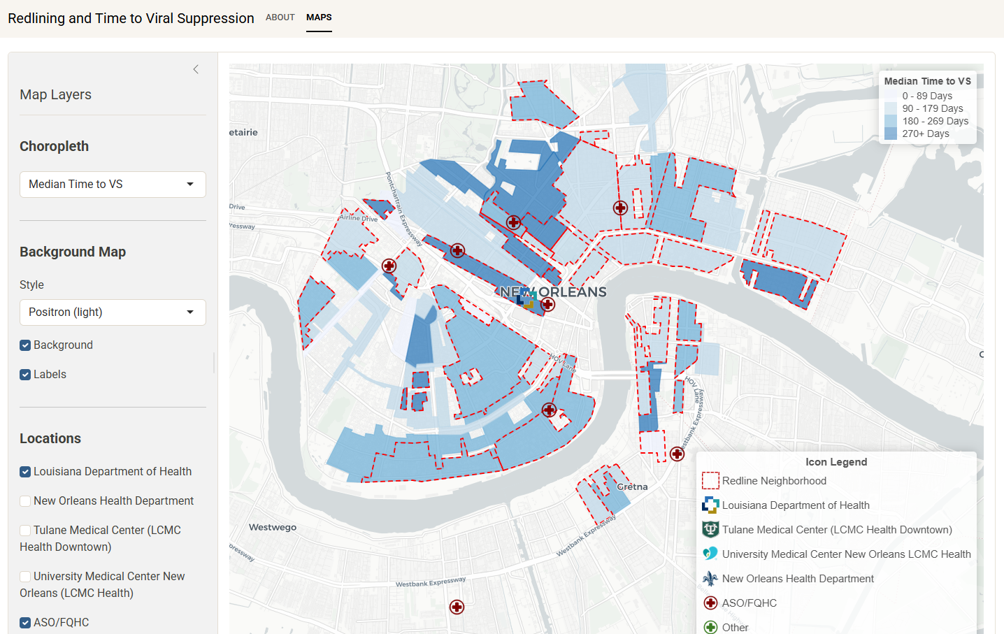 Screenshot of the Map Supplement: Redlining and Time to Viral Suppression Among Persons With HIV shiny app