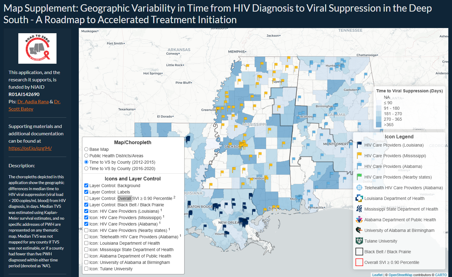 Screenshot of the Map Supplement: Geographic Variability in Time from HIV Diagnosis to Viral Suppression in the Deep South - A Roadmap to Accelerated Treatment Initiation shiny app
